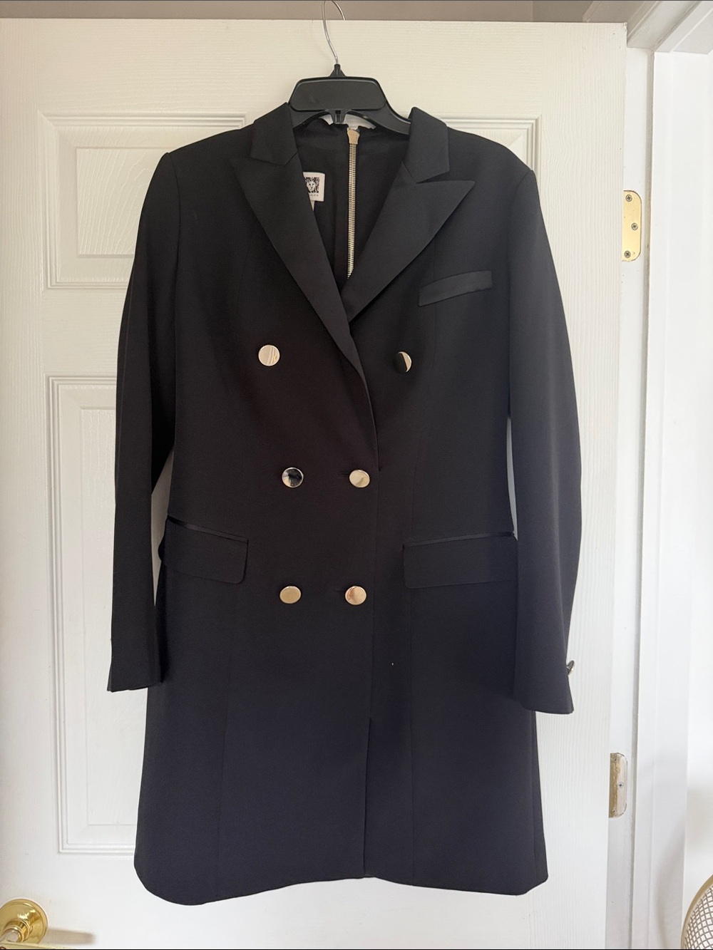Anne Klein Black Double-Breasted Long Blazer with Gold Buttons